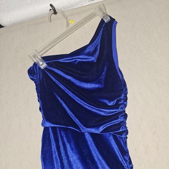 Blue Velvet Bandeau Maxi Dress One Shoulder Size Small Ruch Red Carpet Glam - Picture 11 of 14